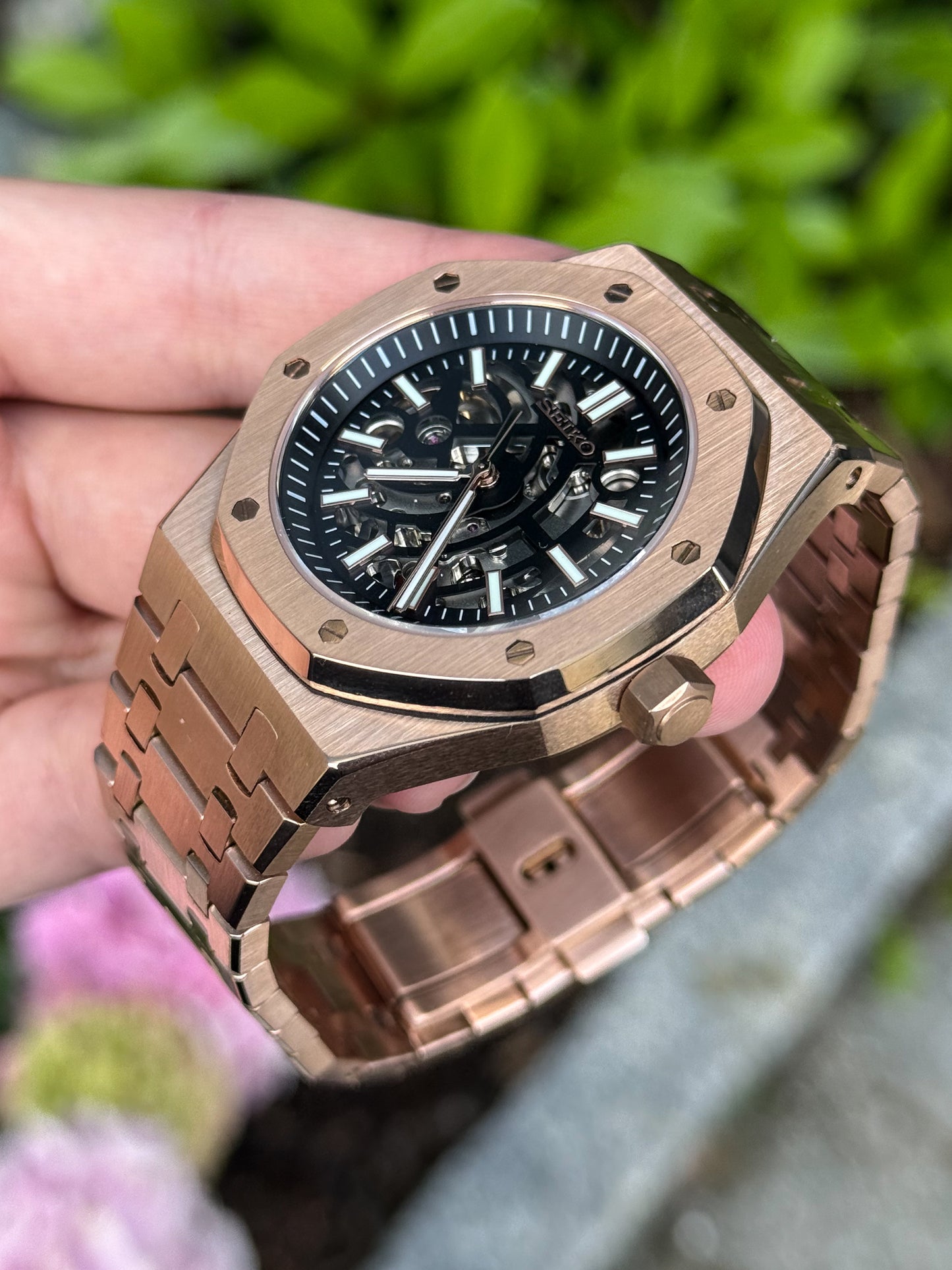 (På lager) Rosegold "Skeleton" Royal Oak Mod