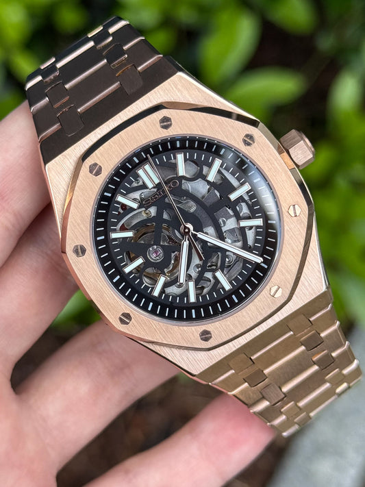 (På lager) Rosegold "Skeleton" Royal Oak Mod
